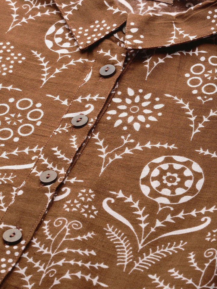 Women's Brown Floral Inverted Box Pleat Gathered Dress - SASSAFRAS