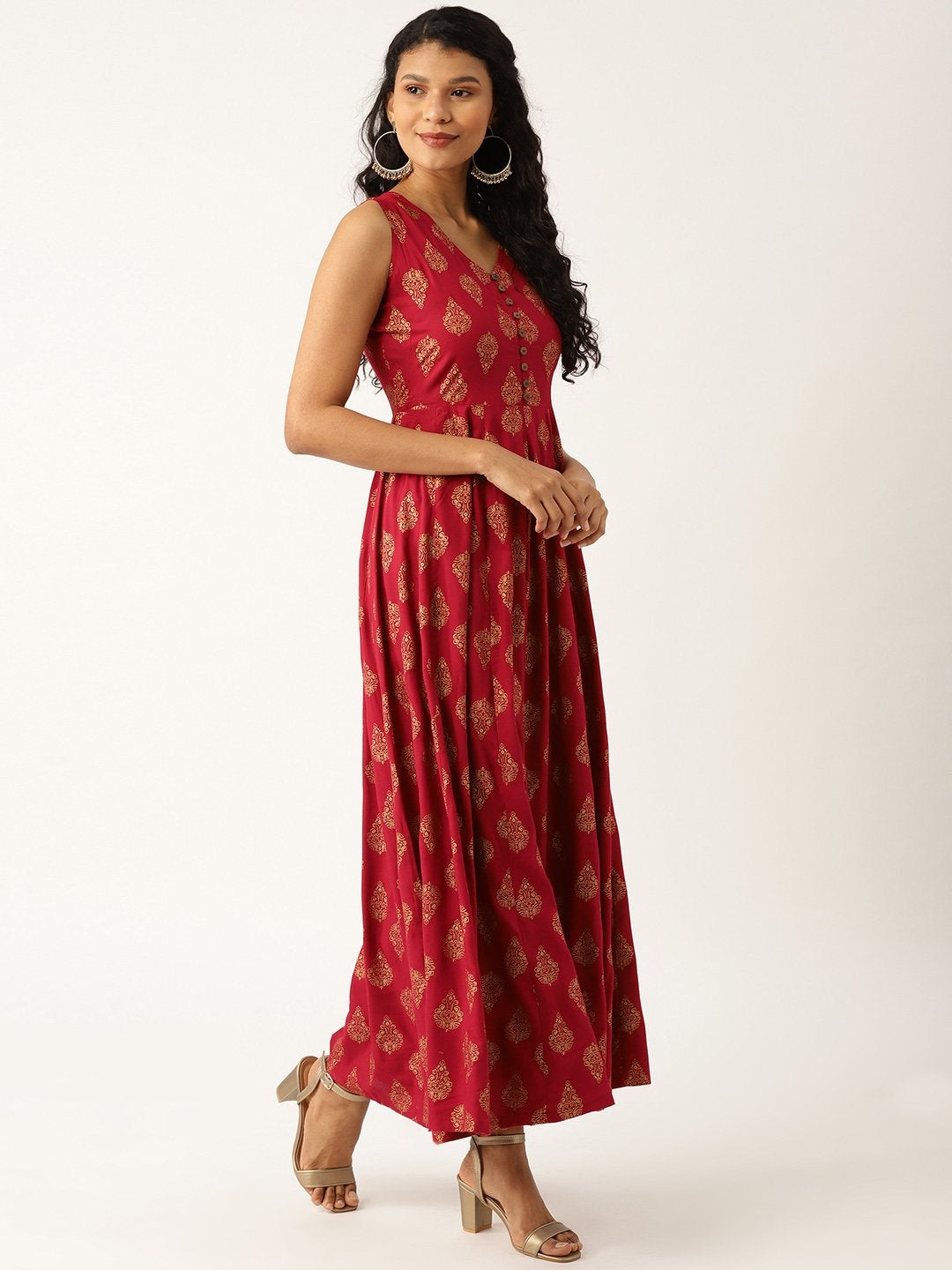 Women's Maroon Foil Print Sleeveless Flared Maxi - SASSAFRAS