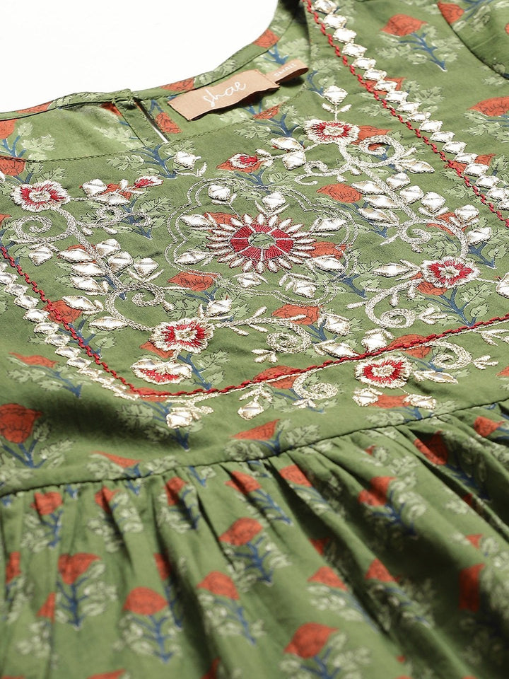 Women's Olive Floral Zari Embroidery Gathered Dress - SASSAFRAS