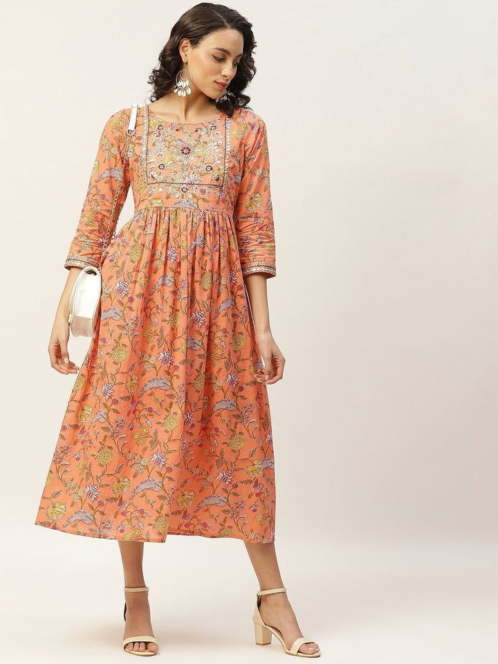 Women's Peach Floral Zari Embroidery Gathered Dress - SASSAFRAS