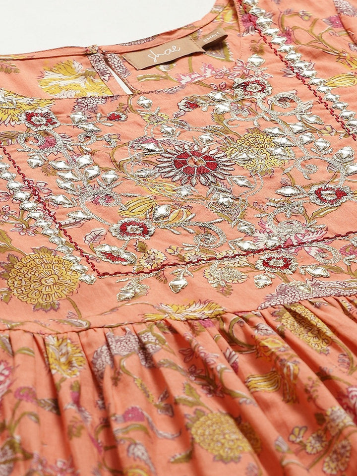 Women's Peach Floral Zari Embroidery Gathered Dress - SASSAFRAS
