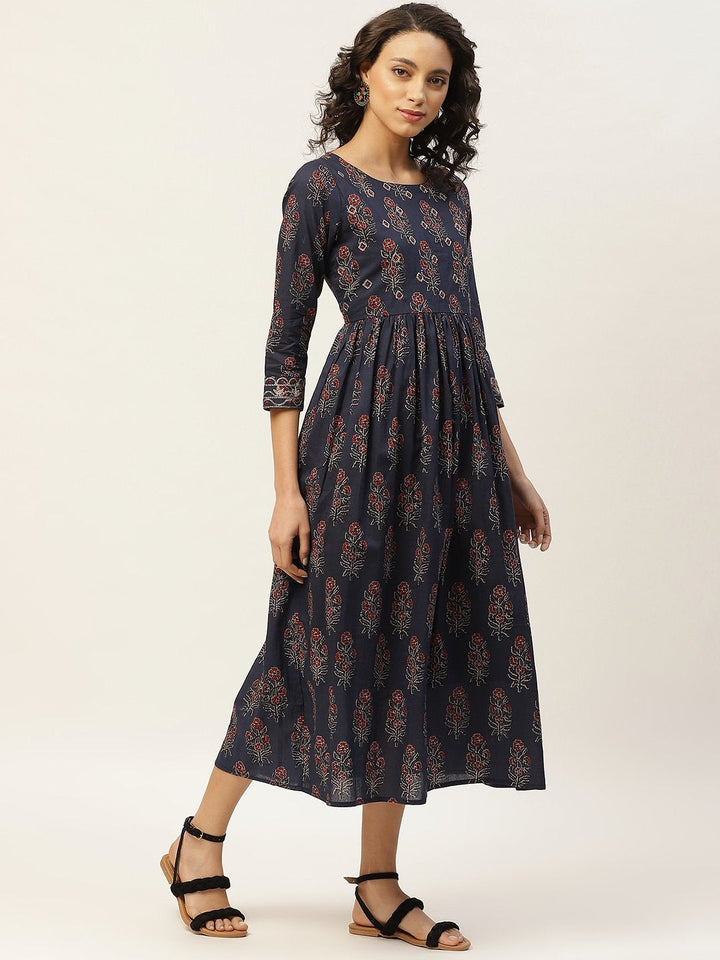 Women's Navy Floral Zari Emb Gathered Dress - SASSAFRAS