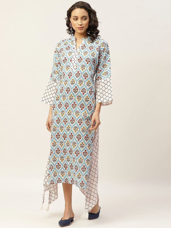 Women's Blue Floral Neck Band Kaftan - SASSAFRAS