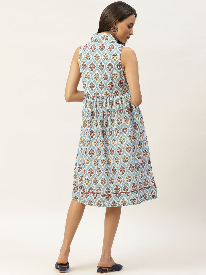 Women's Blue Floral Shawl Collar Front Open Dress - SASSAFRAS