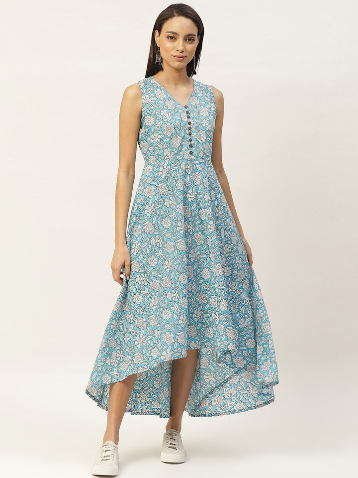 Women's Blue Floral High Low Flared Maxi Dress - SASSAFRAS