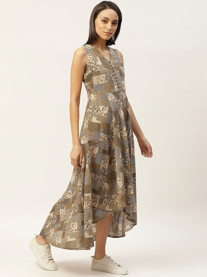 Women's Brown Floral High Low Flared Maxi Dress - SASSAFRAS