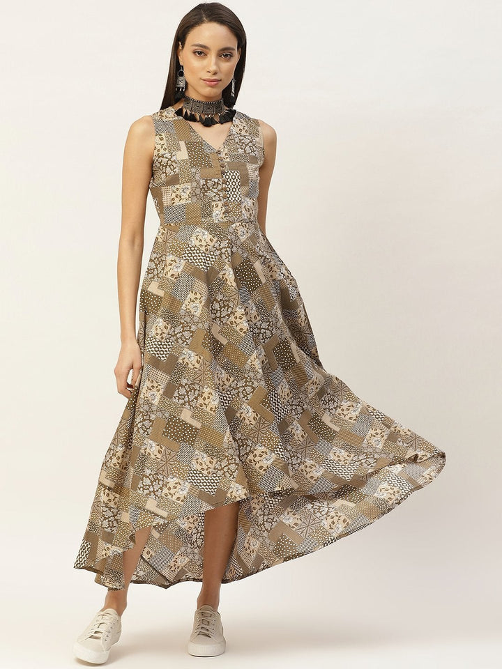 Women's Brown Floral High Low Flared Maxi Dress - SASSAFRAS