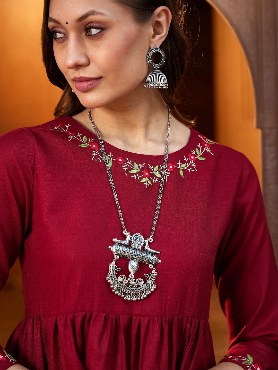 Women's Maroon Embroidered Criss-cross Tie Back Short Dress - SASSAFRAS