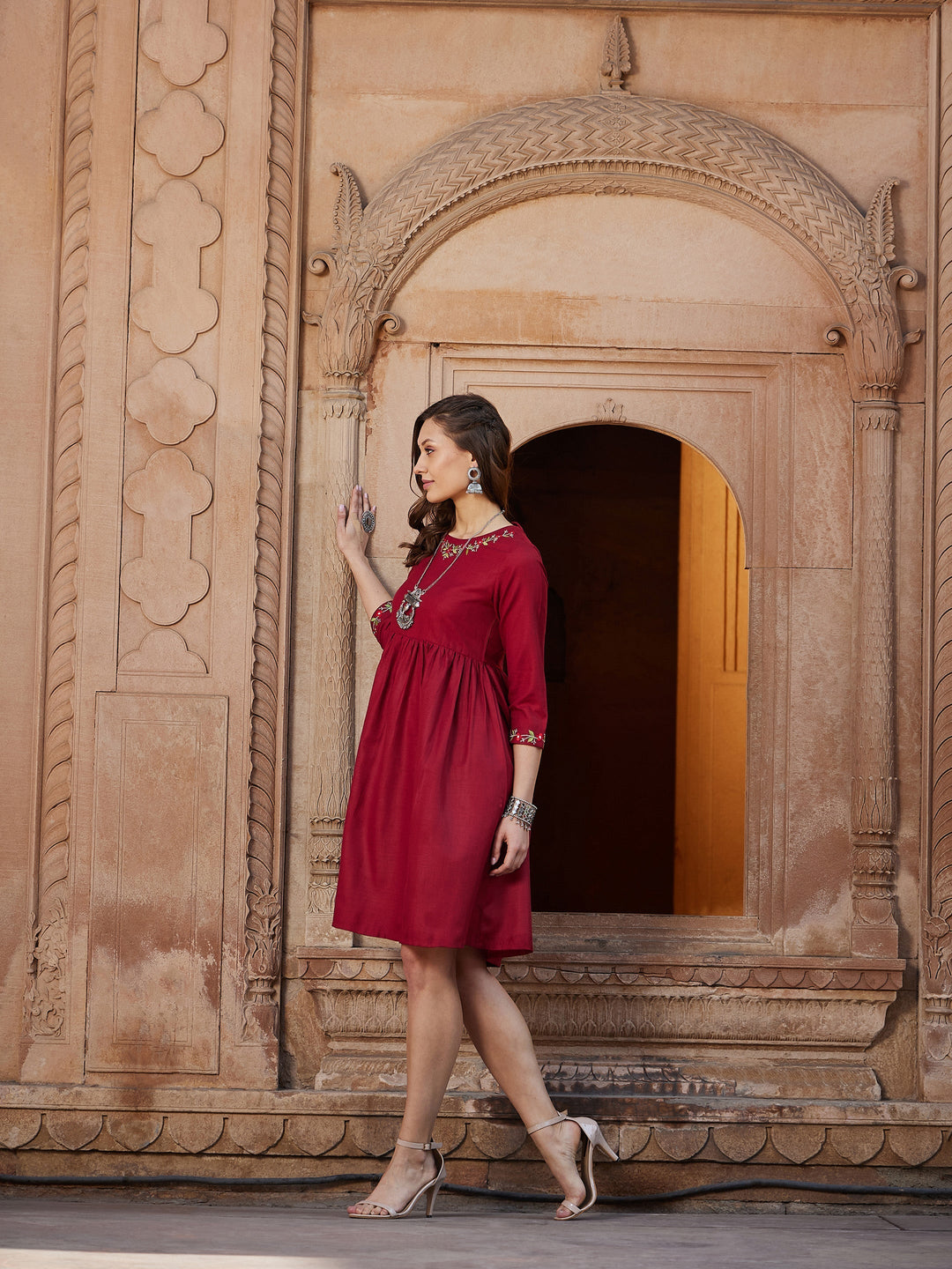 Women's Maroon Embroidered Criss-cross Tie Back Short Dress - SASSAFRAS