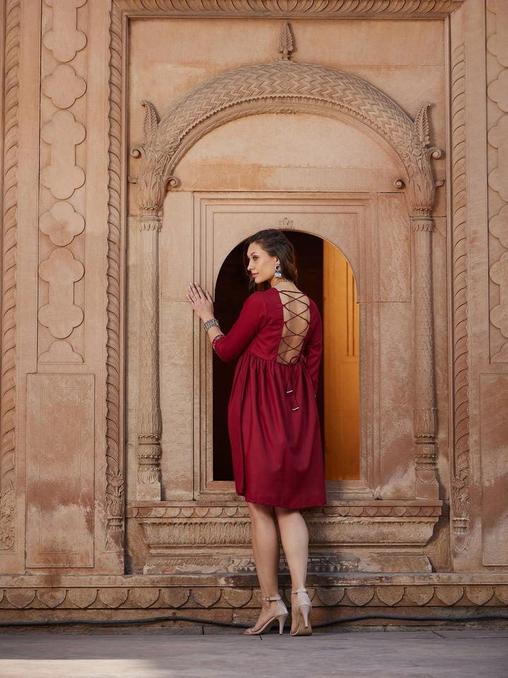 Women's Maroon Embroidered Criss-cross Tie Back Short Dress - SASSAFRAS