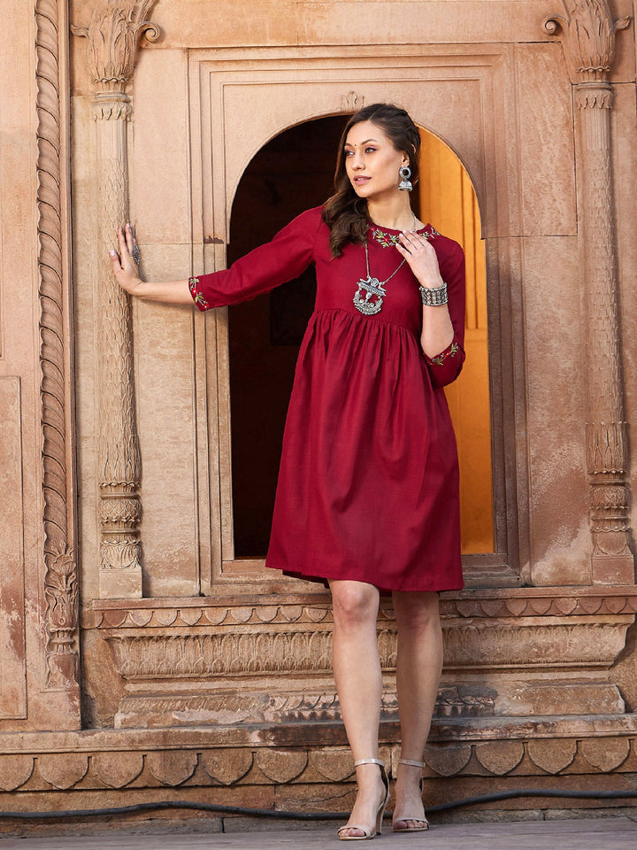 Women's Maroon Embroidered Criss-cross Tie Back Short Dress - SASSAFRAS