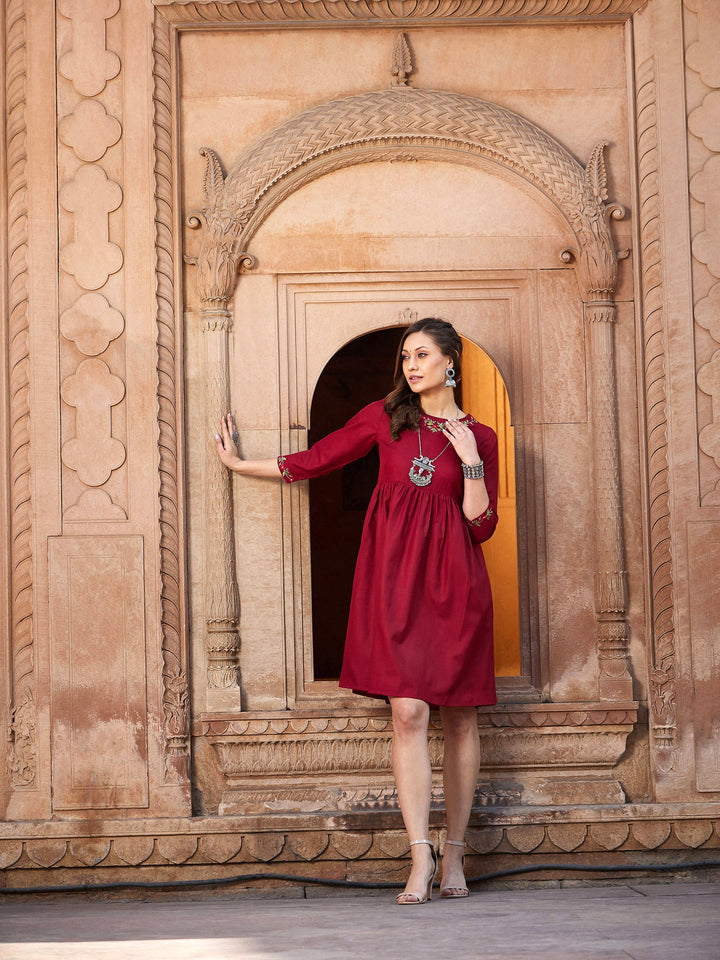 Women's Maroon Embroidered Criss-cross Tie Back Short Dress - SASSAFRAS