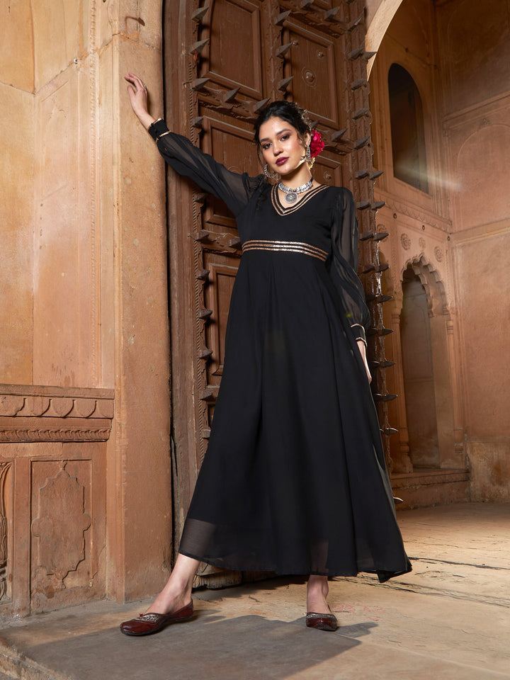 Women's Black Lace Detail Chiffon Maxi Dress - SASSAFRAS