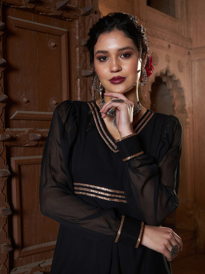 Women's Black Lace Detail Chiffon Maxi Dress - SASSAFRAS