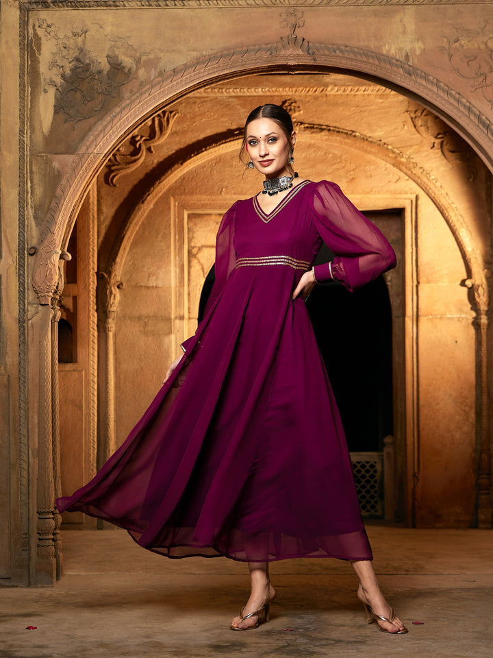 Women's Burgundy Lace Detail Chiffon Maxi Dress - SASSAFRAS