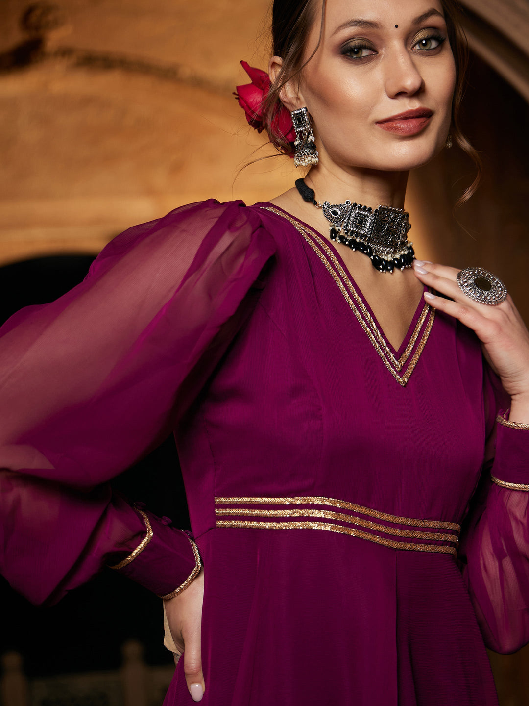 Women's Burgundy Lace Detail Chiffon Maxi Dress - SASSAFRAS