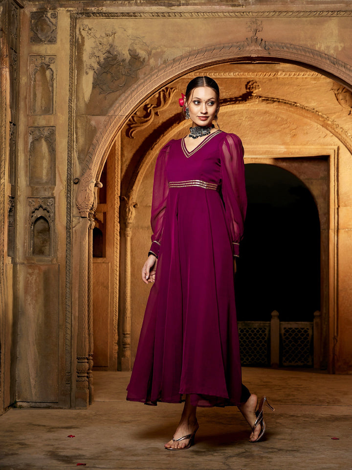 Women's Burgundy Lace Detail Chiffon Maxi Dress - SASSAFRAS