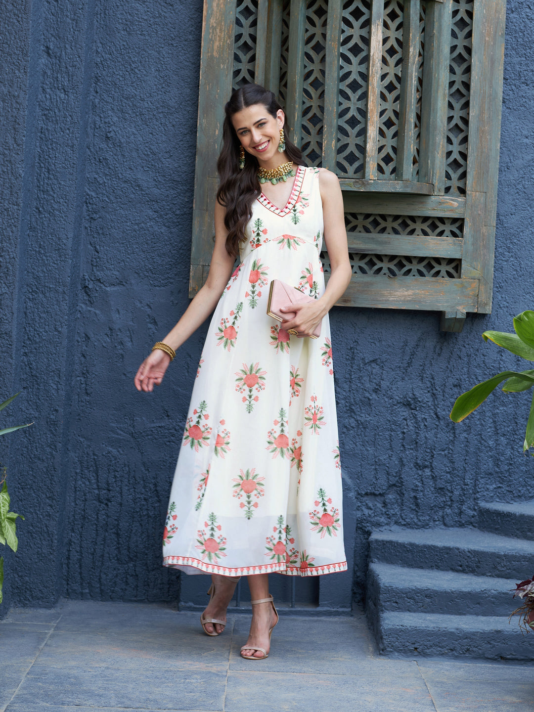 Women's Off White Floral Slant Empire Seam Maxi Dress - SASSAFRAS