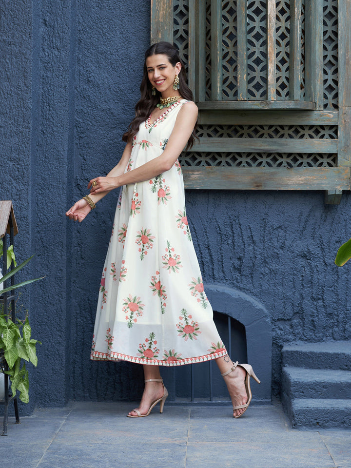 Women's Off White Floral Slant Empire Seam Maxi Dress - SASSAFRAS