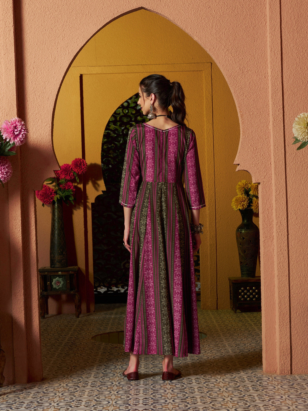 Women's Maroon Geometric Floral Anarkali Maxi Dress - SASSAFRAS