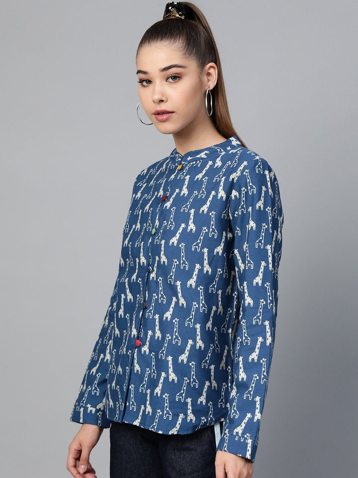 Women's Blue Giraffe Print Buttoned Ethnic Jacket - SASSAFRAS