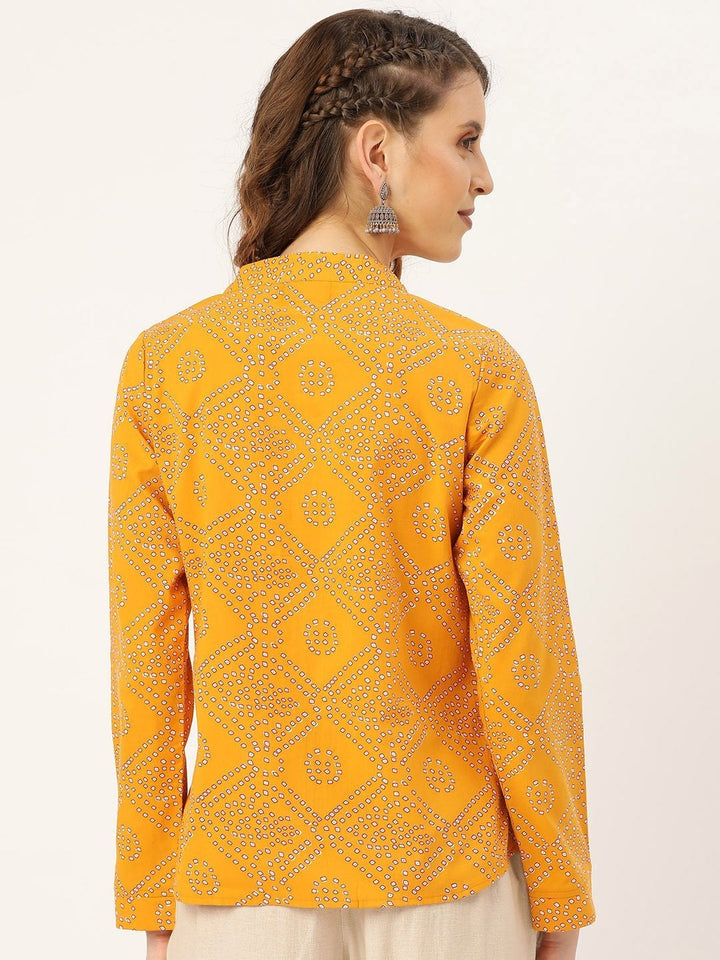 Women's Mustard Bandhej Buttoned Ethnic Jacket - SASSAFRAS