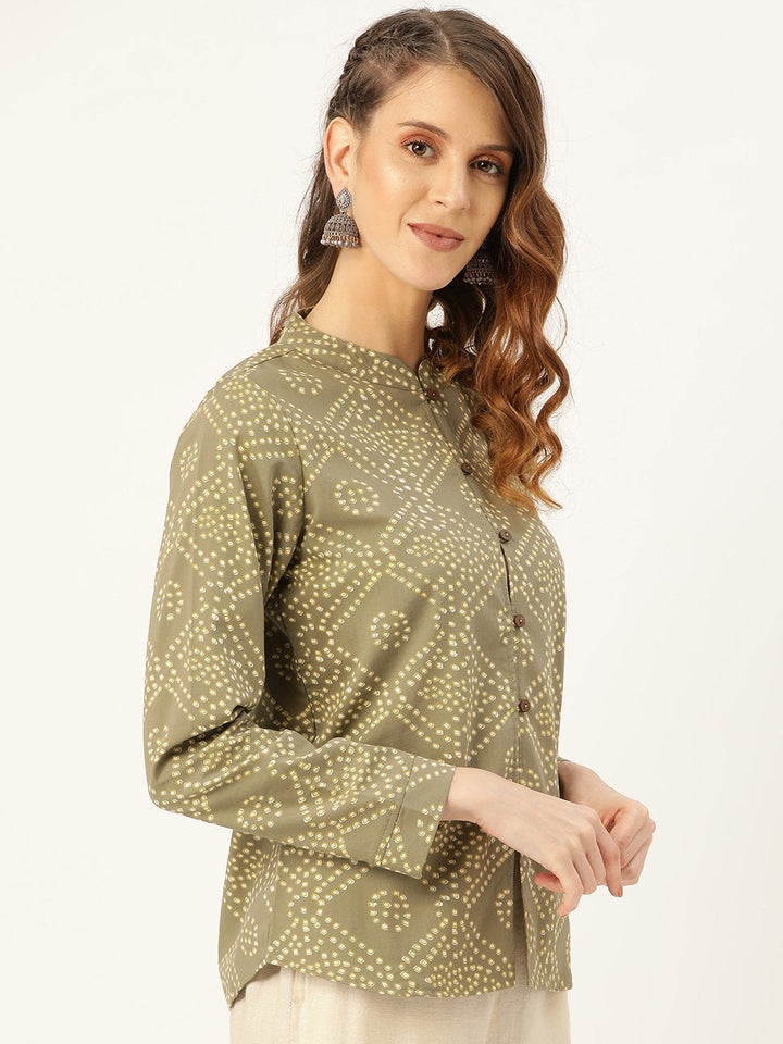 Women's Olive Bandhej Buttoned Ethnic Jacket - SASSAFRAS