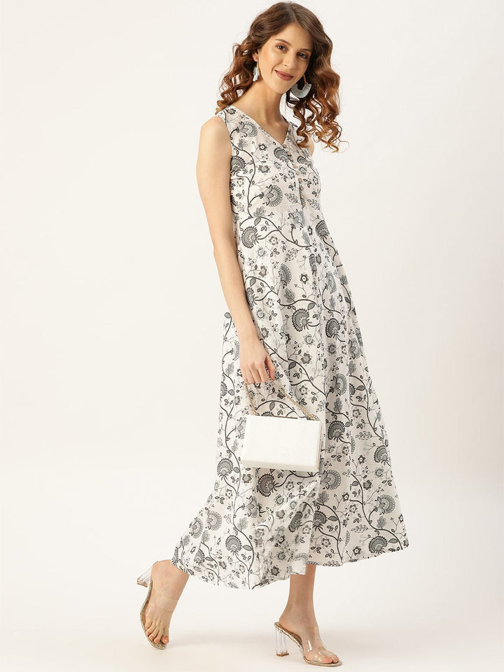 Women's Grey Floral Sleeveless Flared Kurta Dress - SASSAFRAS