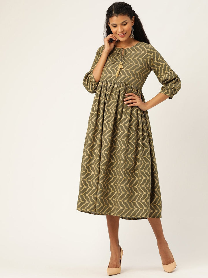 Women's Olive Foil Chevron Gathered Kurta Dress - SASSAFRAS