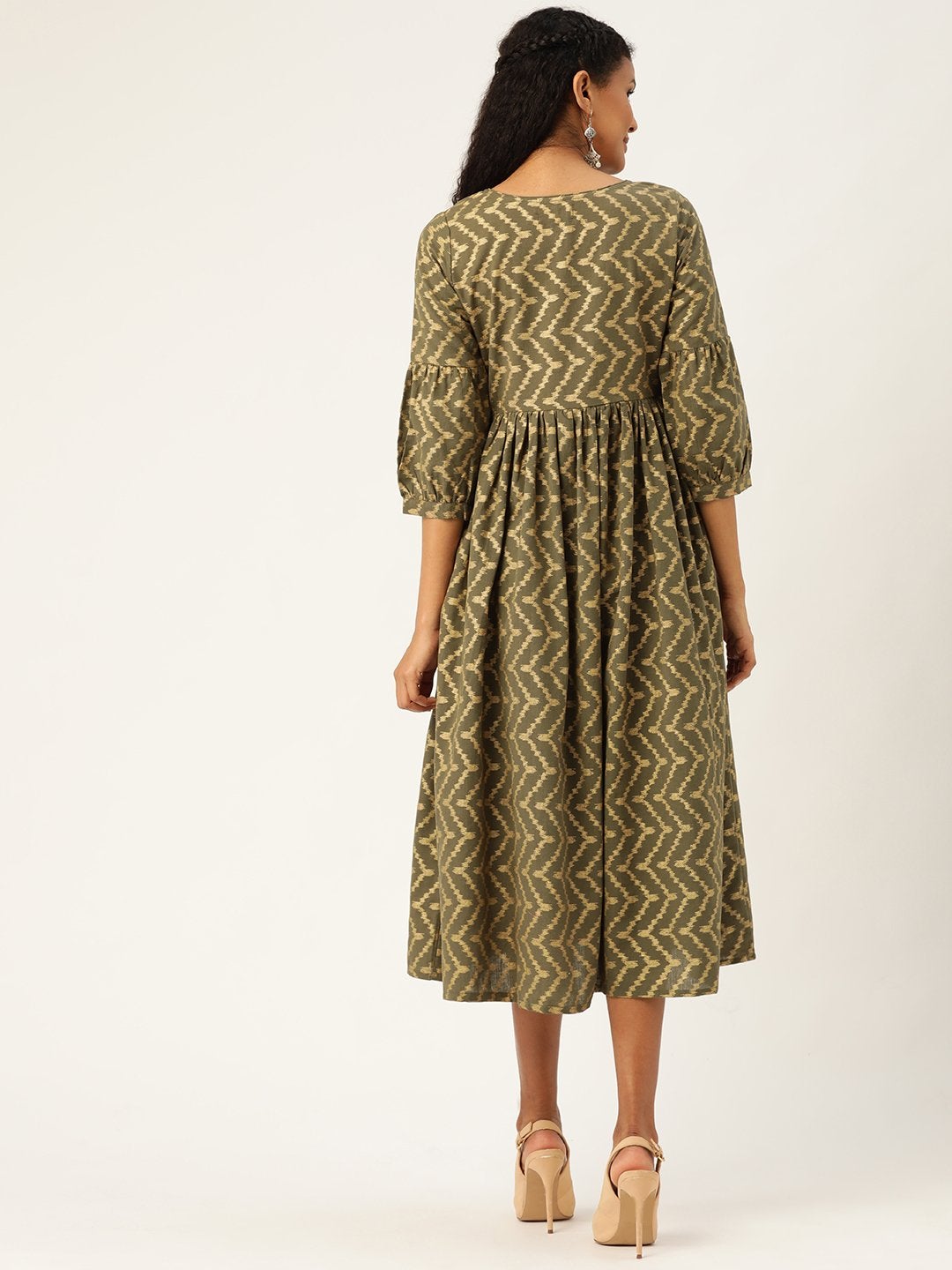 Women's Olive Foil Chevron Gathered Kurta Dress - SASSAFRAS