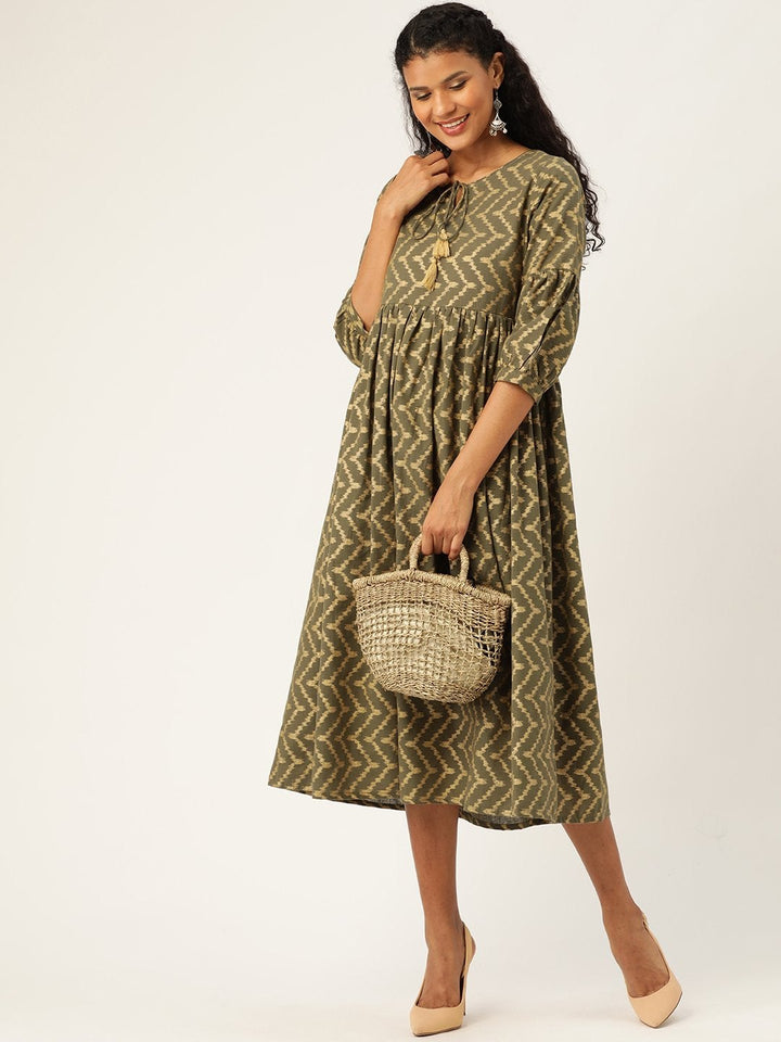 Women's Olive Foil Chevron Gathered Kurta Dress - SASSAFRAS