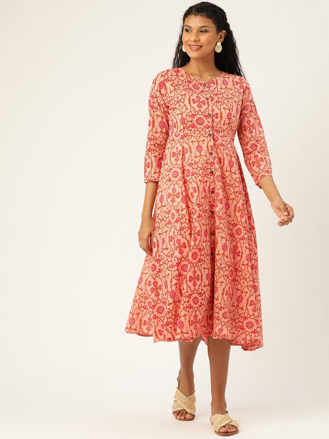 Women's Peach Floral Front Open Kurta Dress - SASSAFRAS