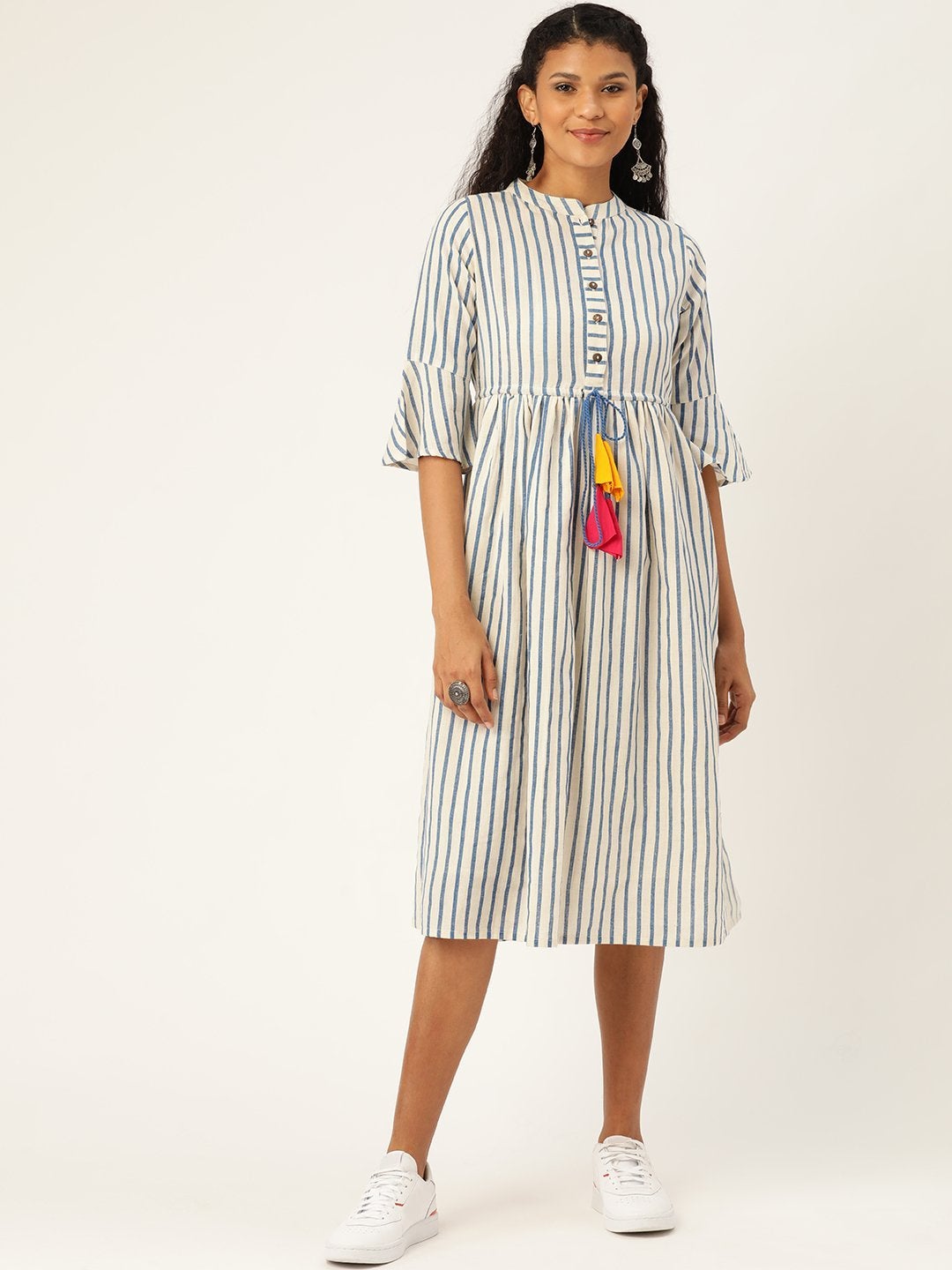 Women's Navy Stripes Drawstring Kurta Dress - SASSAFRAS