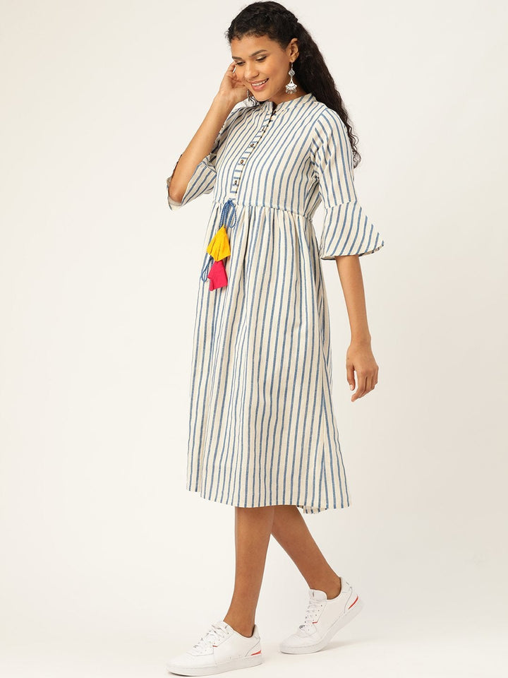 Women's Navy Stripes Drawstring Kurta Dress - SASSAFRAS