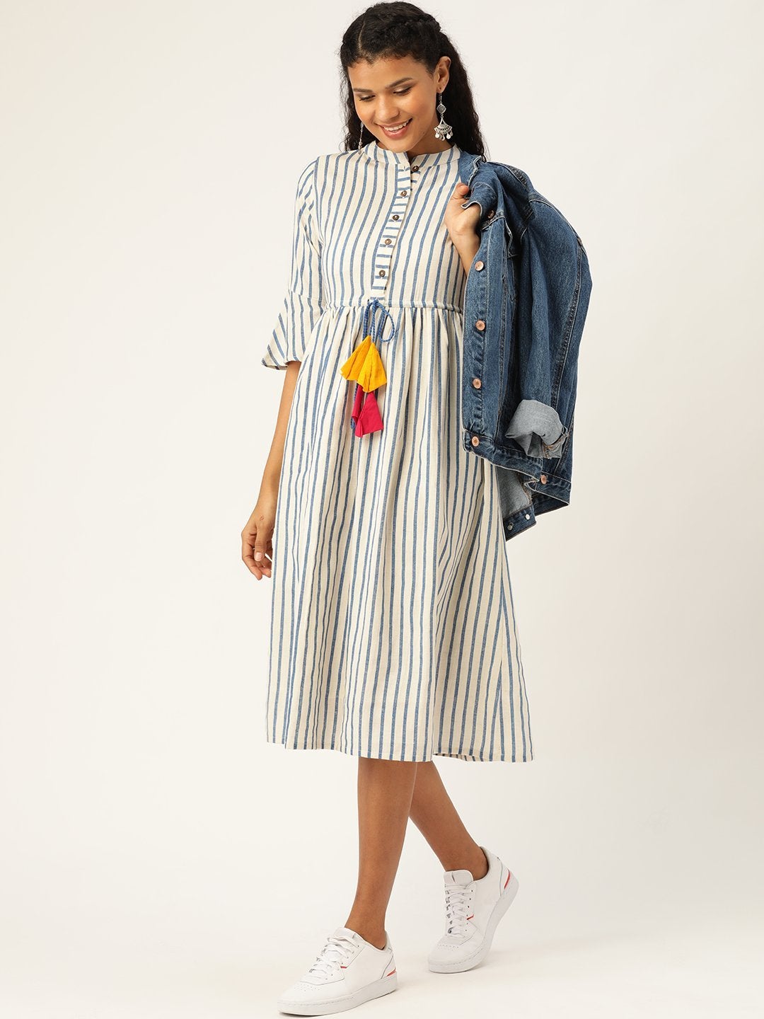 Women's Navy Stripes Drawstring Kurta Dress - SASSAFRAS