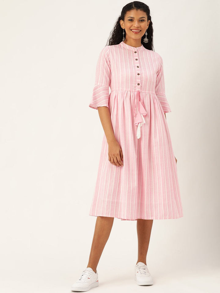 Women's Pink Stripes Drawstring Kurta Dress - SASSAFRAS