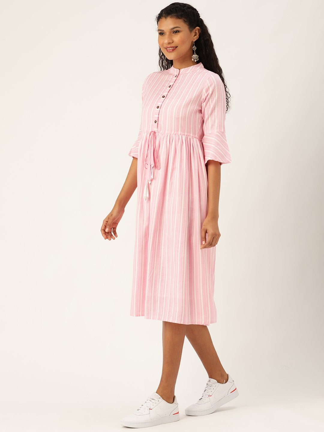 Women's Pink Stripes Drawstring Kurta Dress - SASSAFRAS