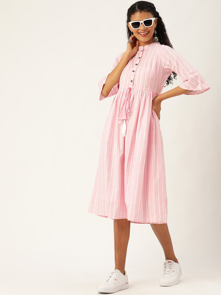 Women's Pink Stripes Drawstring Kurta Dress - SASSAFRAS