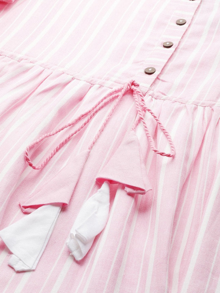 Women's Pink Stripes Drawstring Kurta Dress - SASSAFRAS