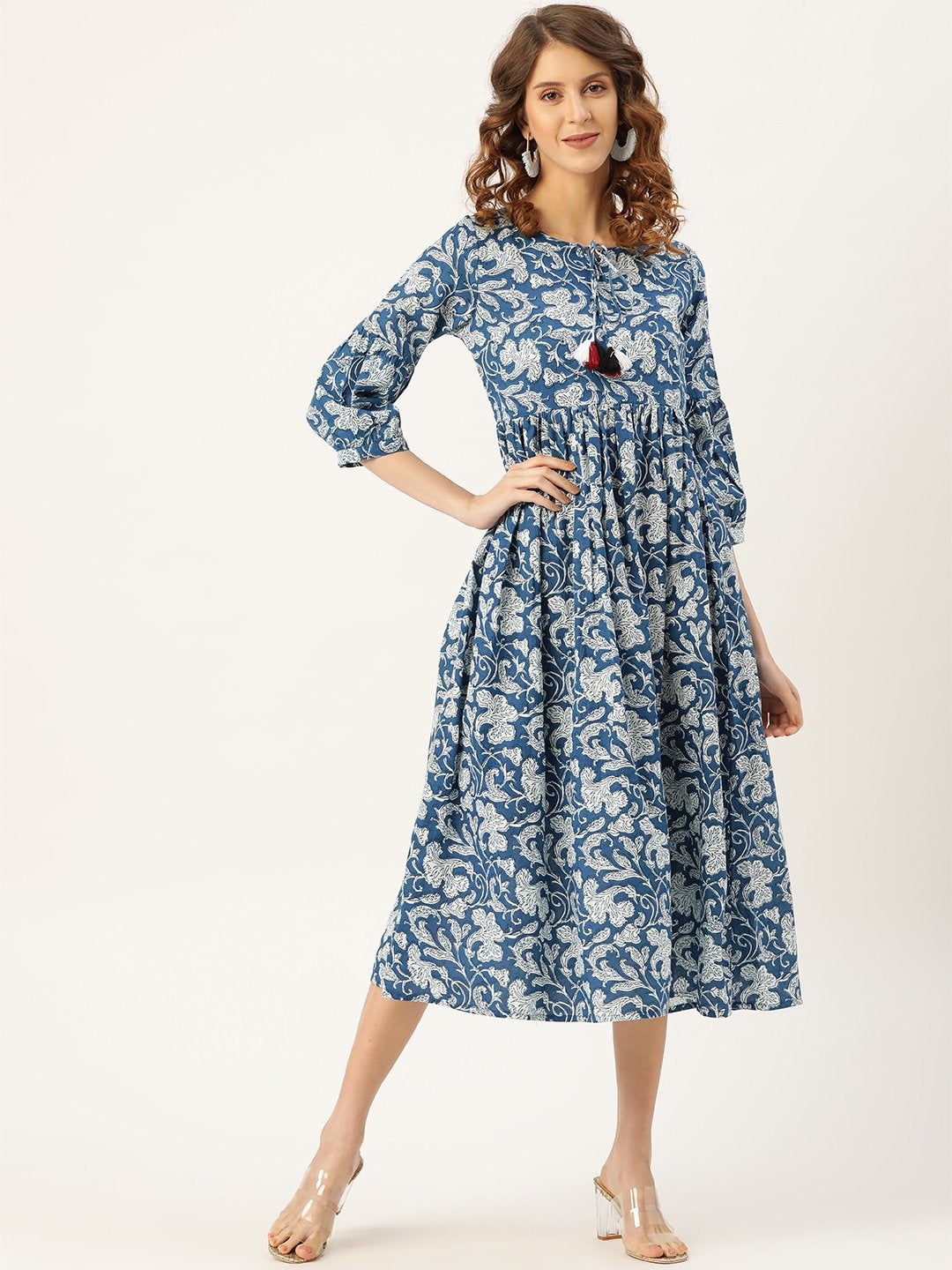 Women's Blue Floral Gathered Kurta Dress - SASSAFRAS