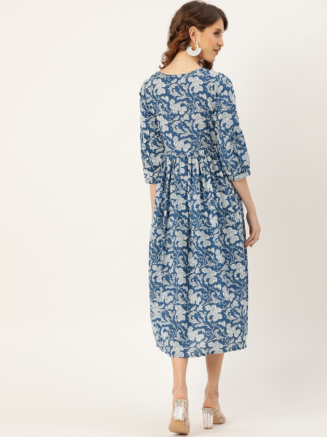 Women's Blue Floral Gathered Kurta Dress - SASSAFRAS