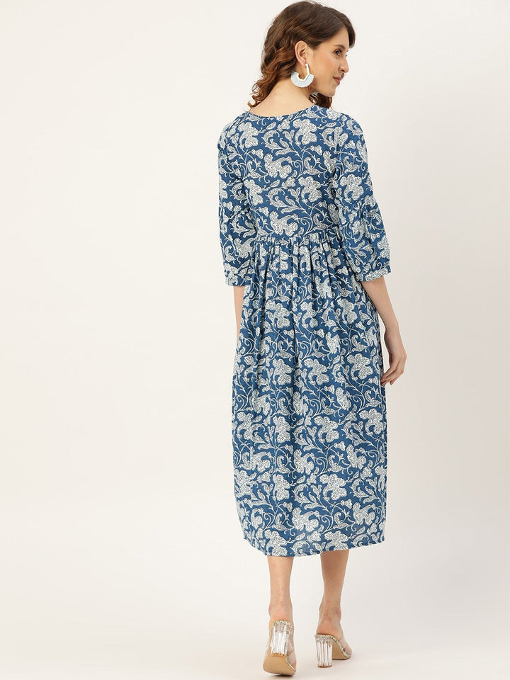 Women's Blue Floral Gathered Kurta Dress - SASSAFRAS