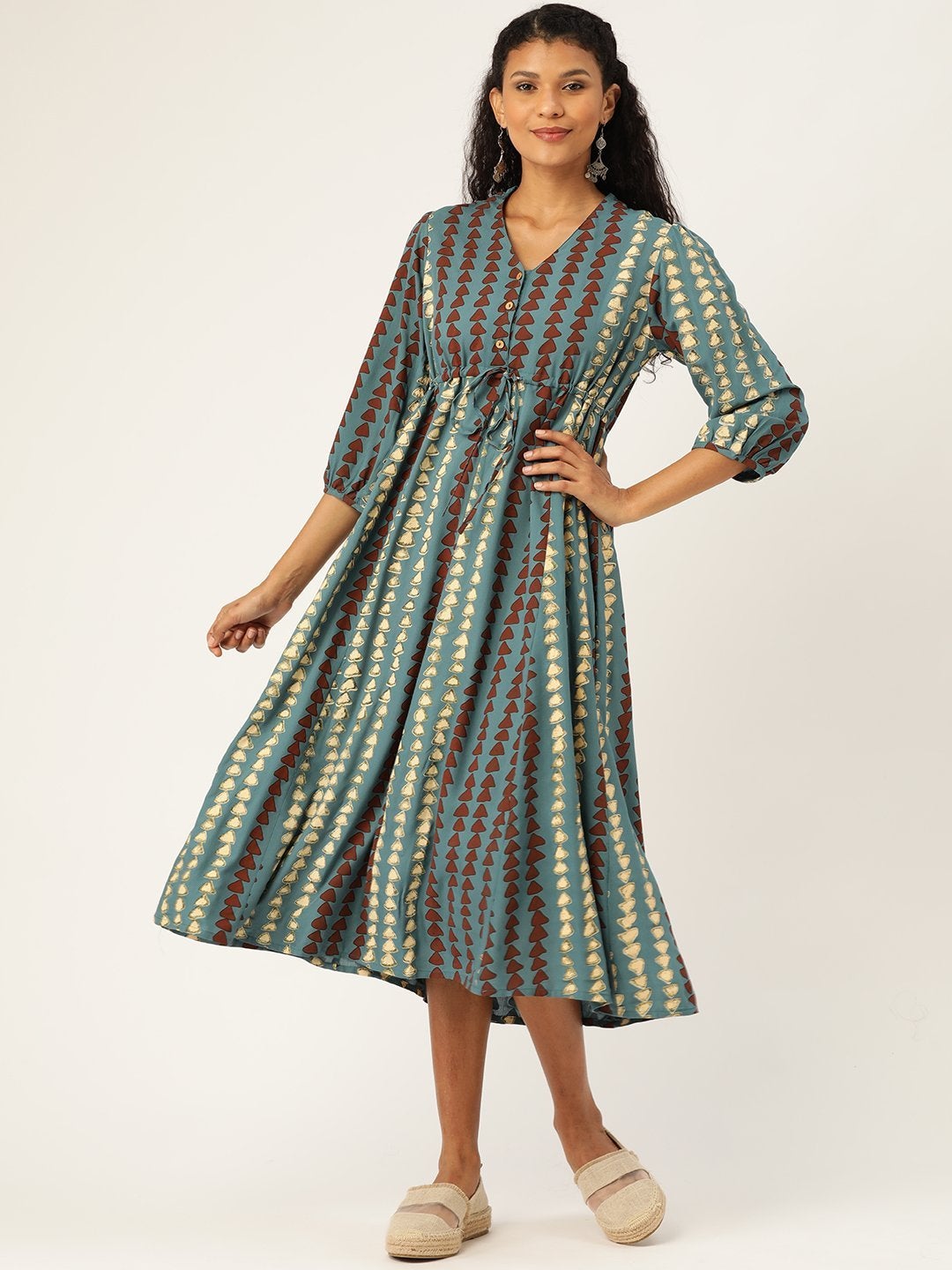 Women's Teal Geo Print Drawstring Kurta Dress - SASSAFRAS