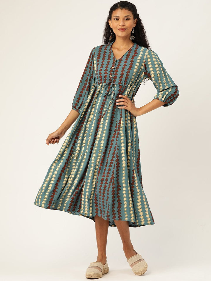 Women's Teal Geo Print Drawstring Kurta Dress - SASSAFRAS