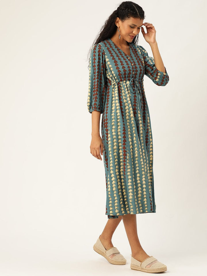 Women's Teal Geo Print Drawstring Kurta Dress - SASSAFRAS