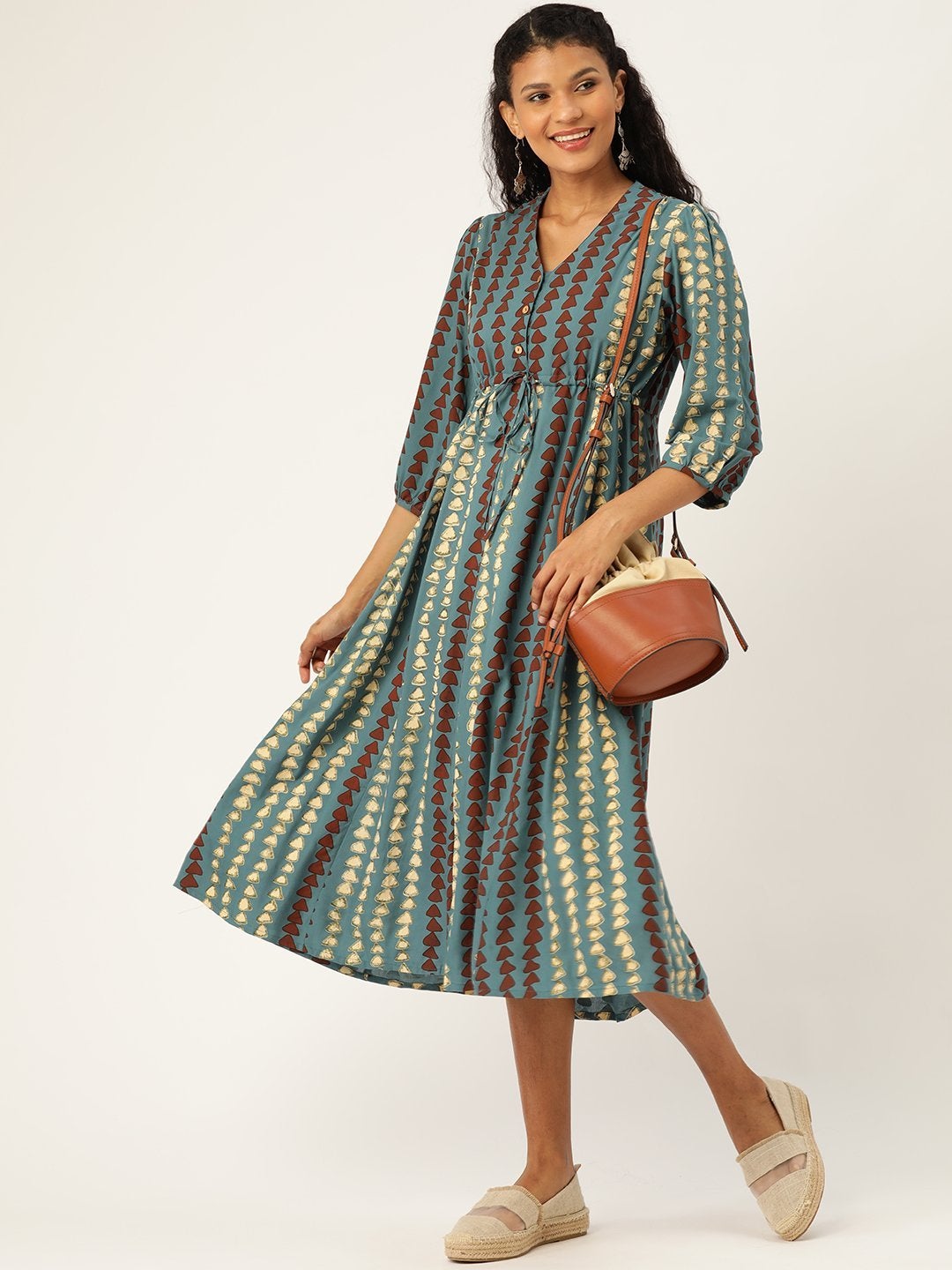 Women's Teal Geo Print Drawstring Kurta Dress - SASSAFRAS