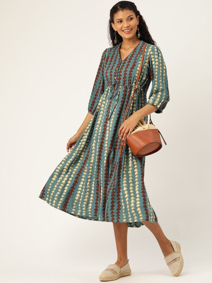 Women's Teal Geo Print Drawstring Kurta Dress - SASSAFRAS