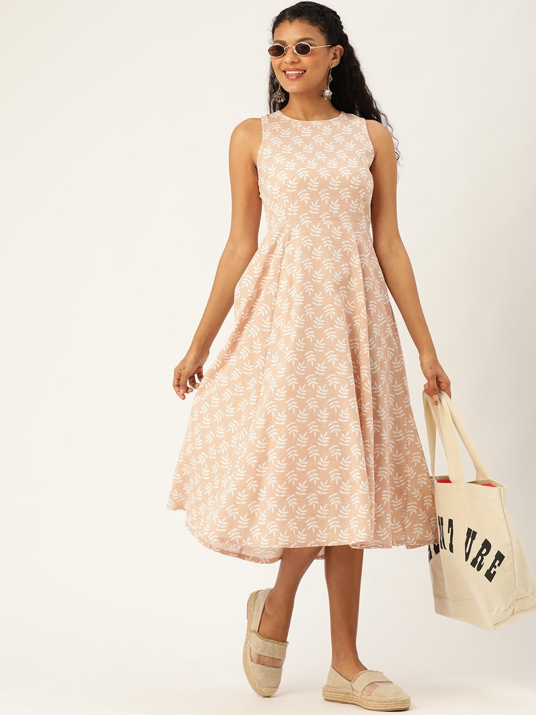 Women's Peach Printed  Sleeveless Kurta Dress - SASSAFRAS