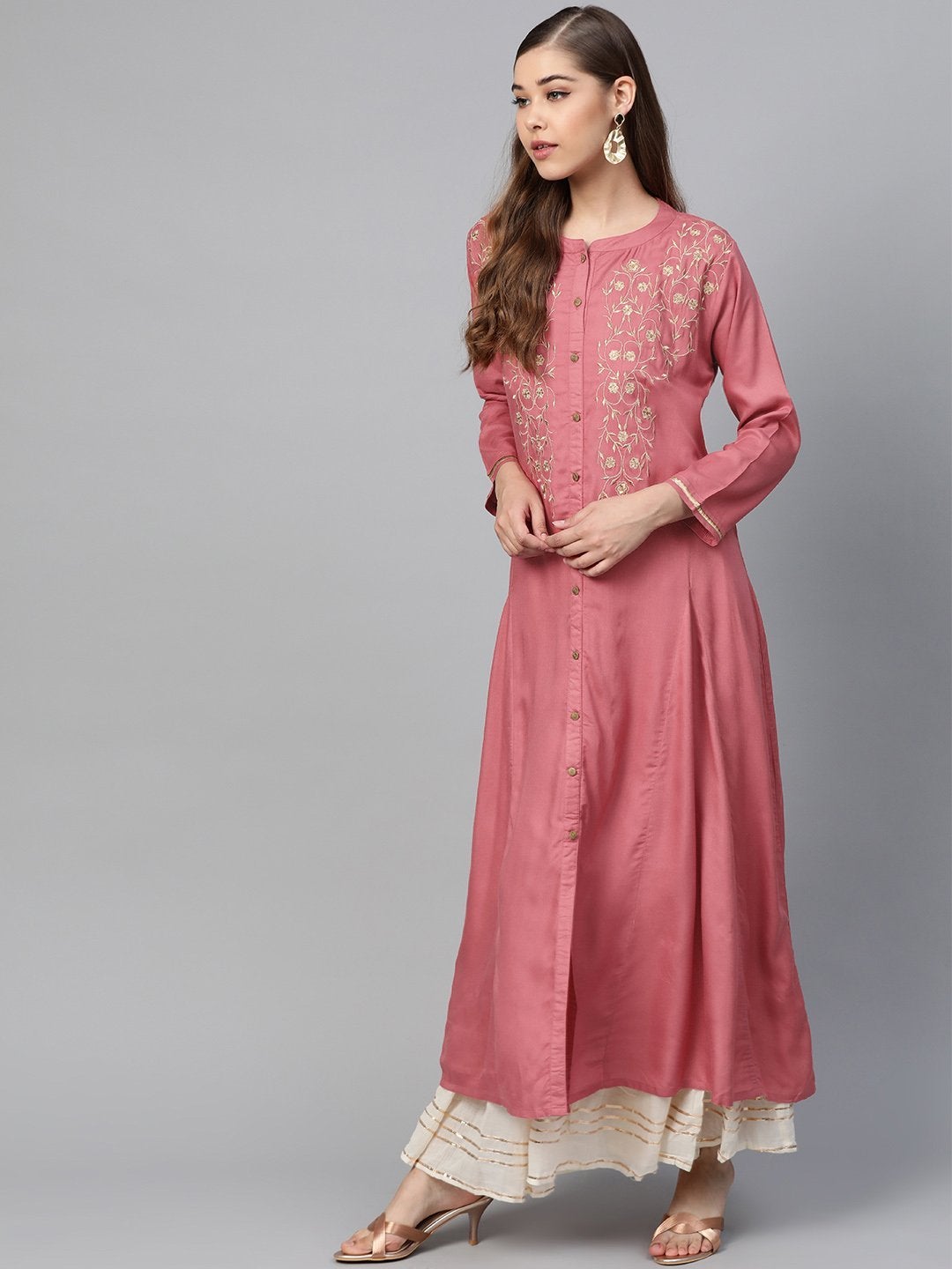 Women's Pink Zari Embroidery Front Open A-Line Kurta - SHAE