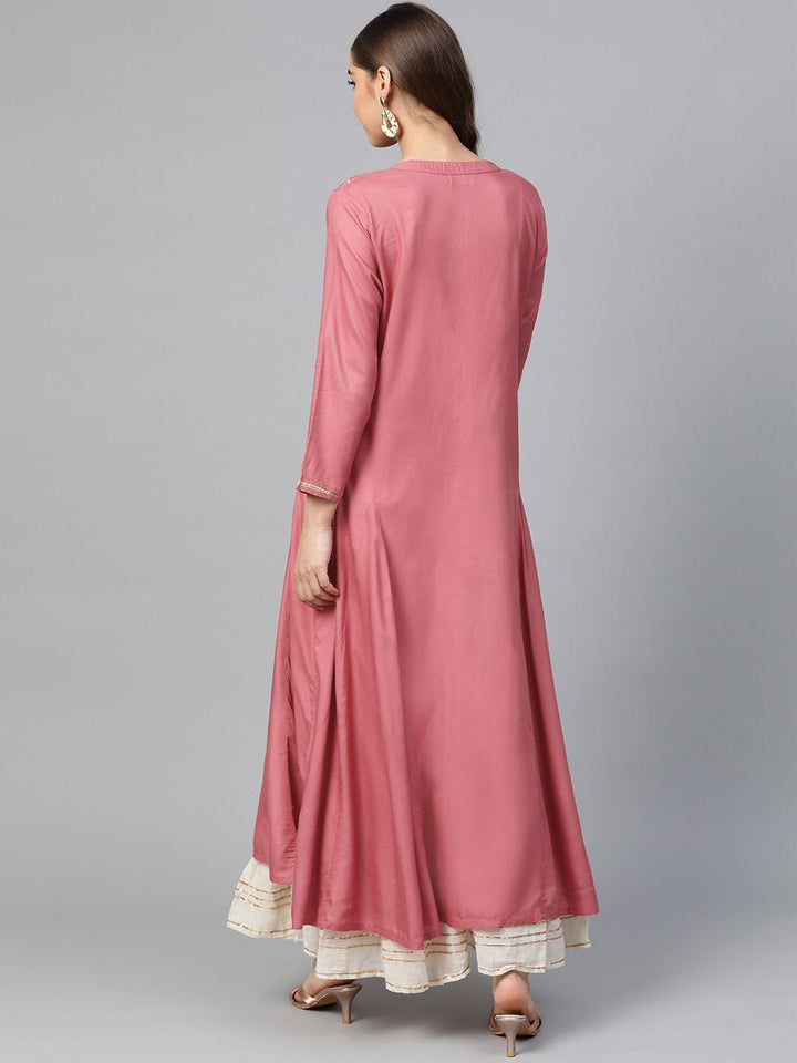 Women's Pink Zari Embroidery Front Open A-Line Kurta - SHAE